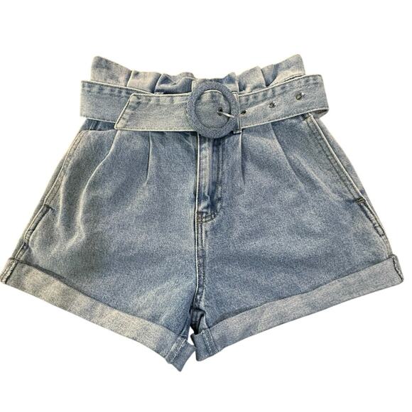 Forever 21 Y2K 90s Size XS High Waisted Belted Paper Bag Denim Jean Shorts - Picture 1 of 13